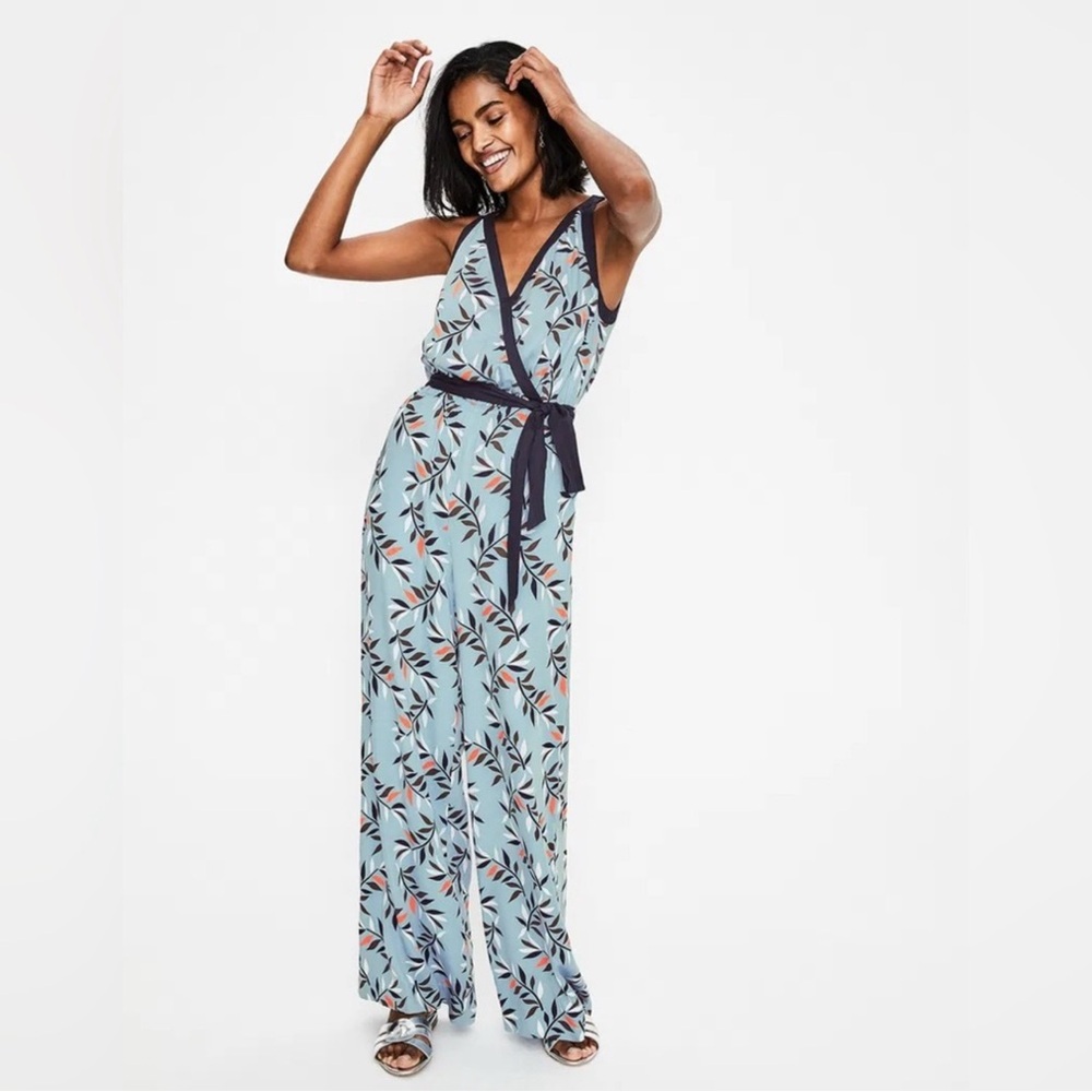 Boden Blue Leaf Print Maddie Halter Jumpsuit